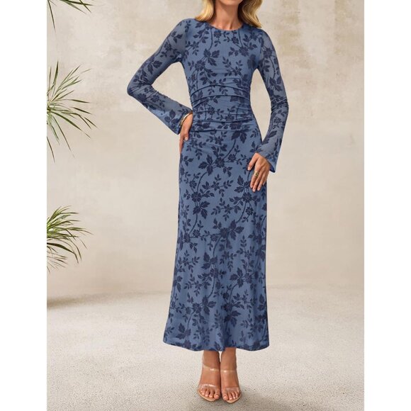 Zesica Women's Dusty Blue Ruched Mesh Long Sleeve Floral Bodycon Dress - Picture 3 of 5